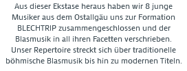 Aus dieser Ekstase heraus haben wir 8 junge Musiker aus dem Ostallgäu uns zur Formation BLECHTRIP zusammengeschlossen und der Blasmusik in all ihren Facetten verschrieben. Unser Repertoire streckt sich über traditionelle böhmische Blasmusik bis hin zu modernen Titeln.